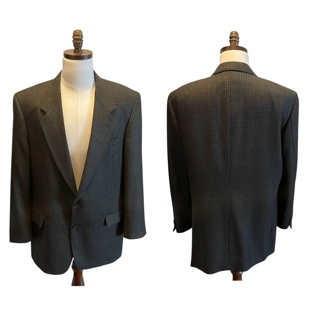 Joseph Feiss Tweed Wool Suit Blazer Jacket Brown Size 44L Check NWOT Menswear